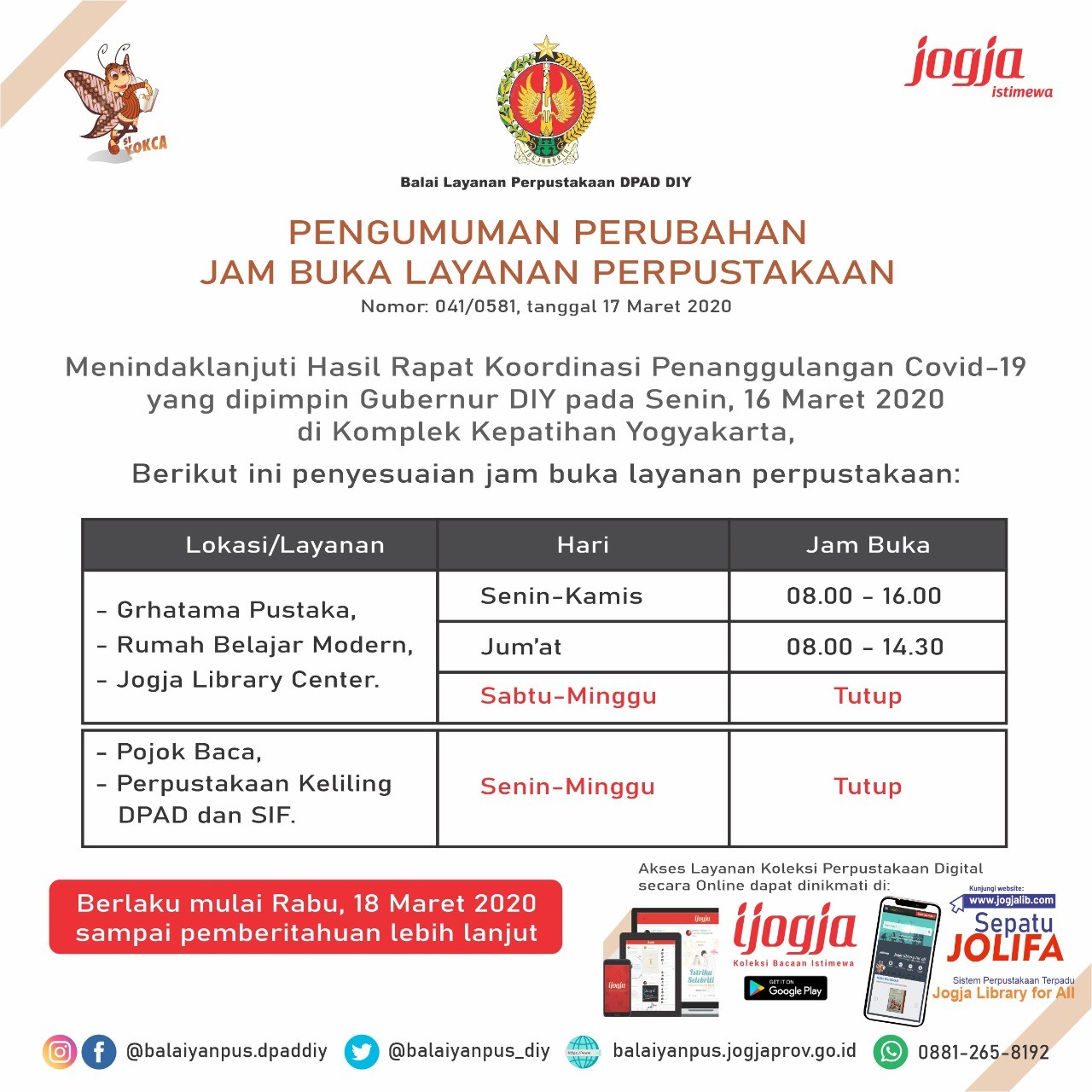 PENGUMUMAN PERUBAHAN JAM BUKA LAYANAN PERPUSTAKAAN