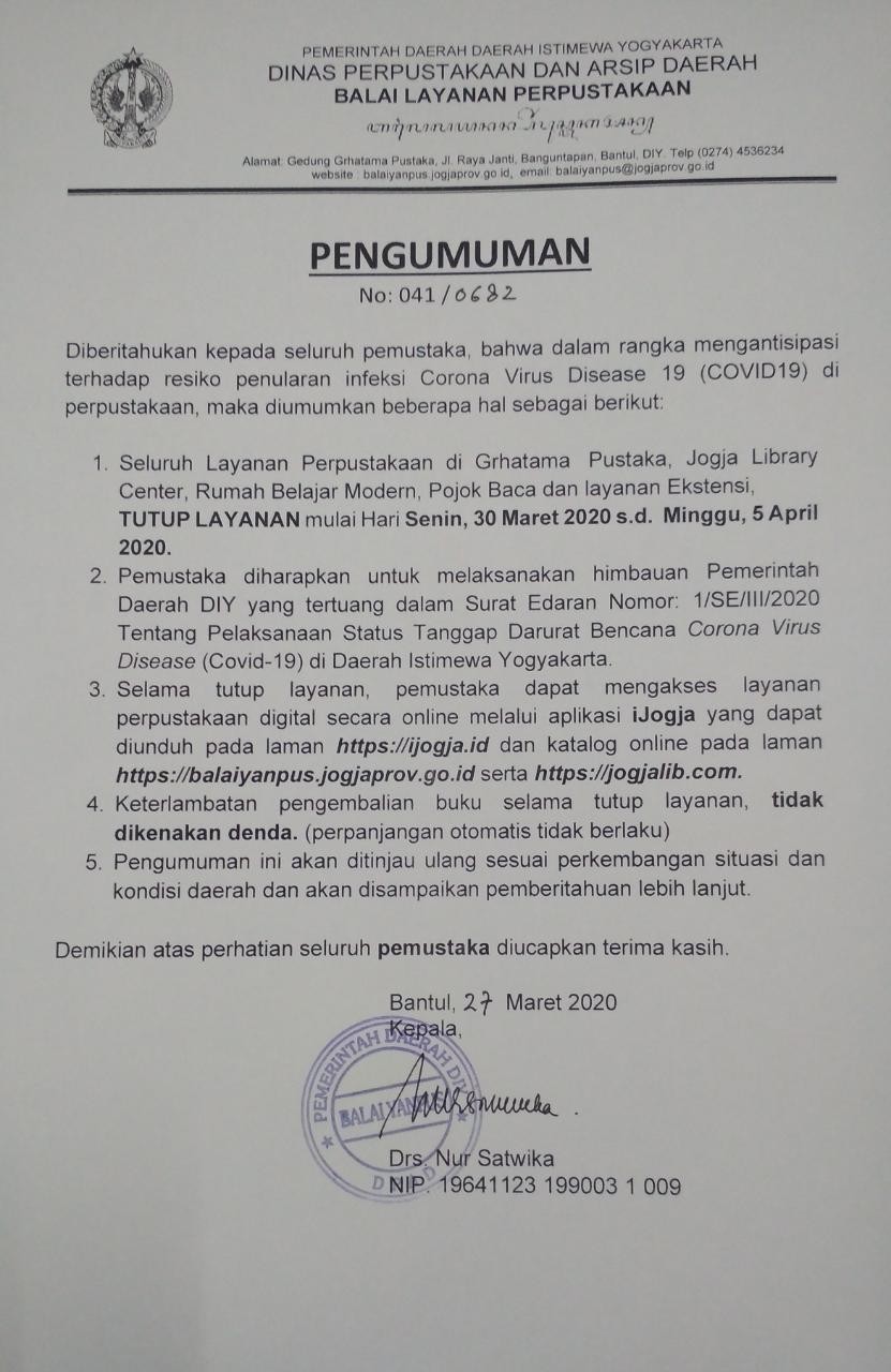 Pengumuman Tutup Layanan Perpustakaan Dalam Mencegah Penyebaran COVID-19