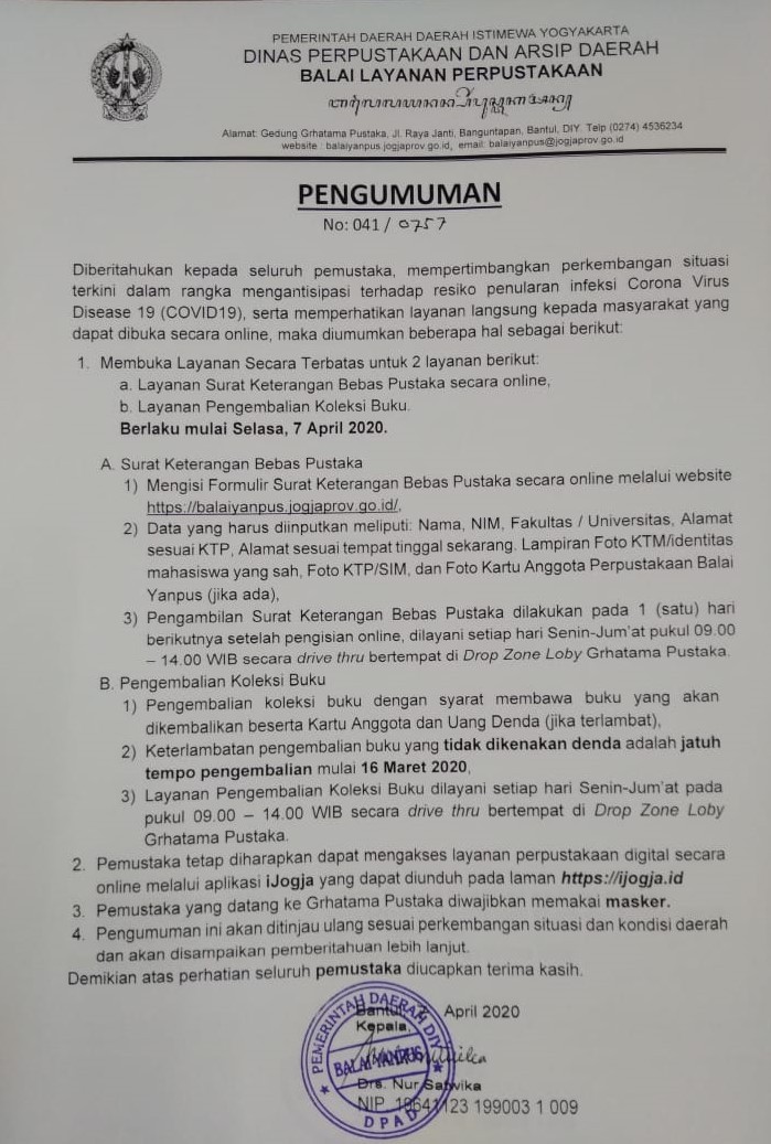 Pengumuman Buka Layanan Terbatas (Bebas Pustaka & Pengembalian)