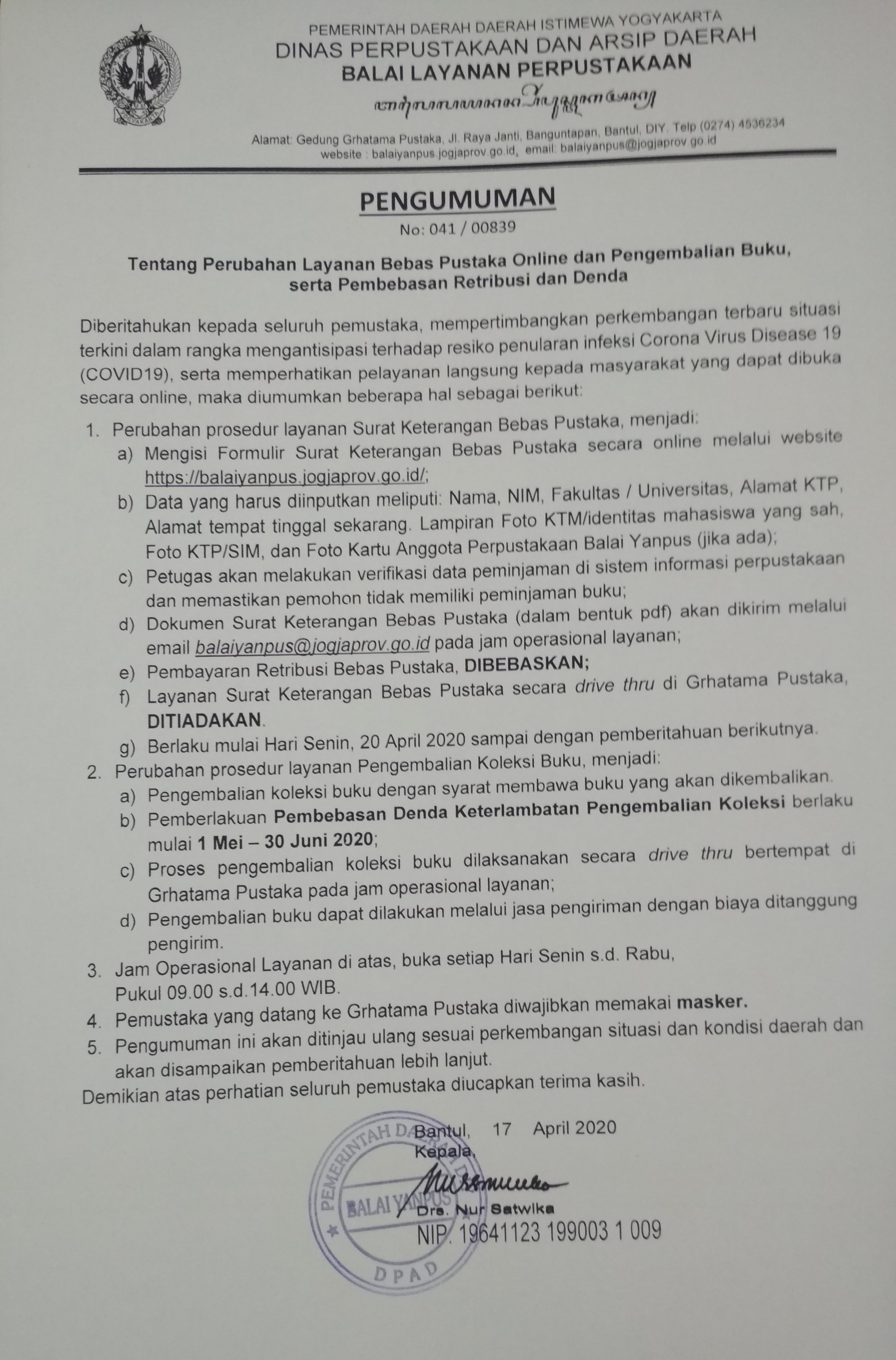 Pengumuman Tentang Perubahan Layanan Bebas Pustaka dan Pengembalian Koleksi serta Pembebasan Retribusi dan Dendi