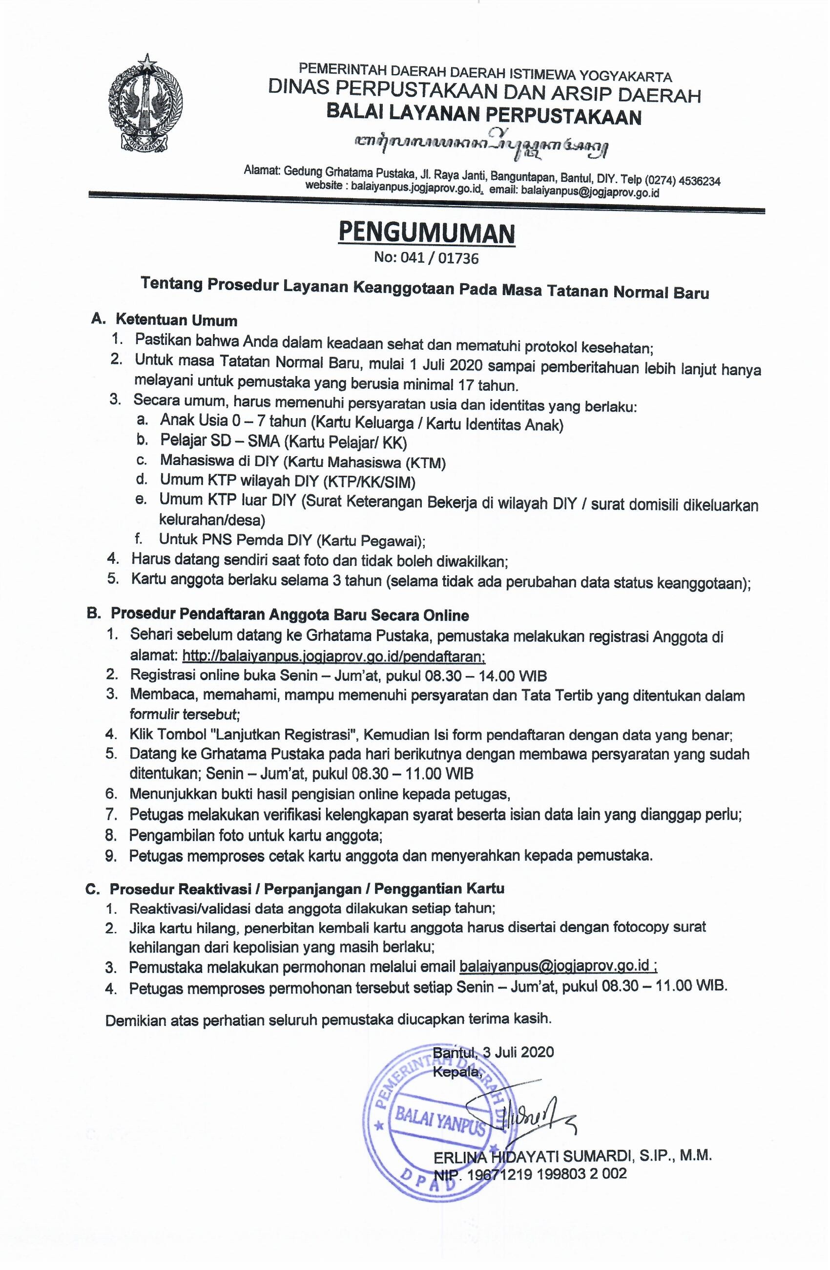 Pengumuman Tentang Prosedur Layanan Keanggotaan Pada Masa Tatanan Normal Baru