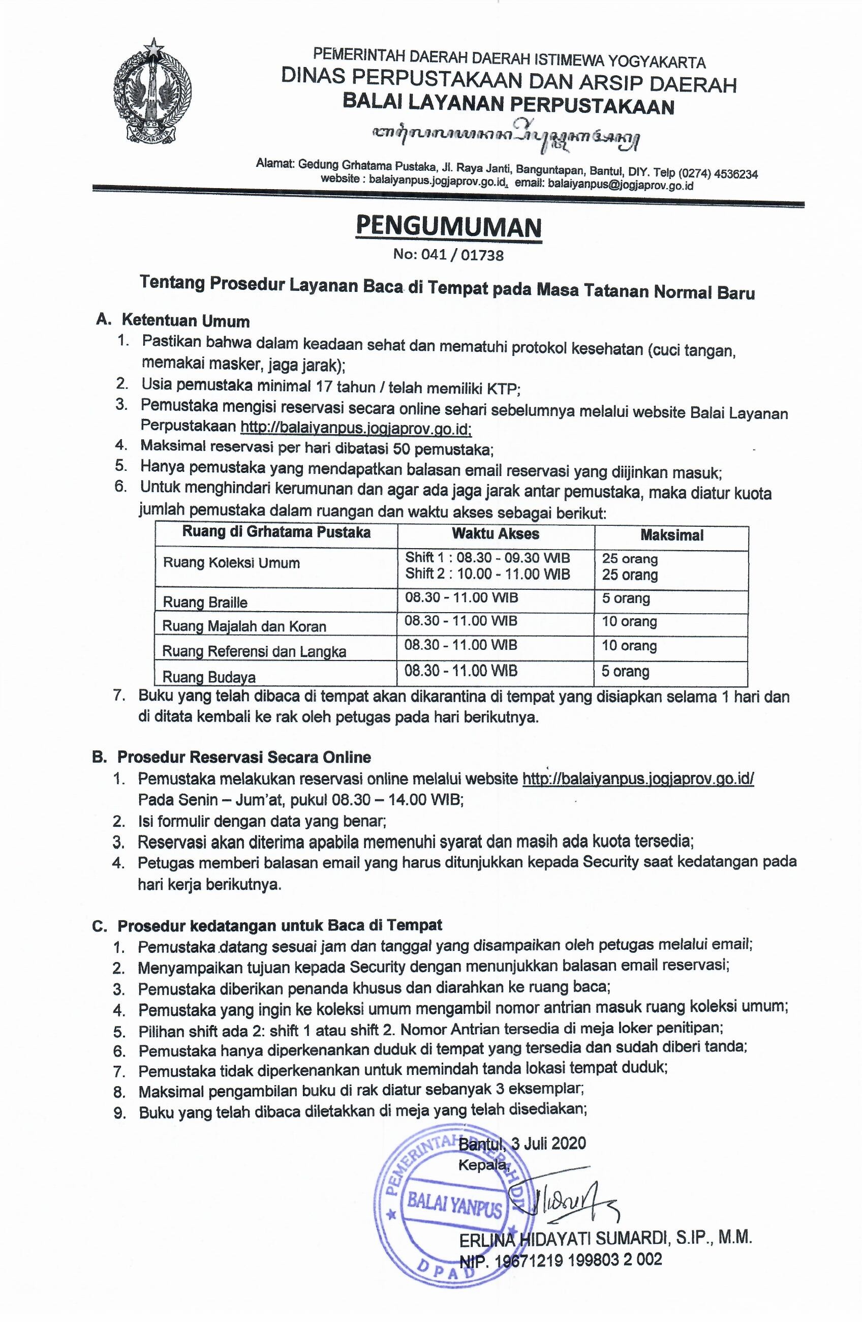 Pengumuman Tentang Prosedur Layanan Baca di Tempat pada Masa Tatanan Normal Baru (Link Reservasi di Bawah Pengumuman ini)