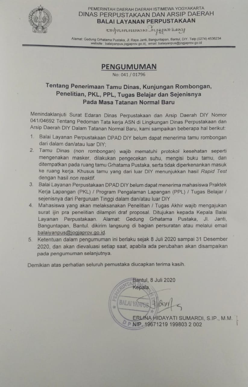 Pengumuman Tentang Penerimaan Tamu Dinas, Kunjungan Rombongan, Penelitian, PKL, PPL, Tugas Belajar dan Sejenisnya pada Masa Tatanan Normal